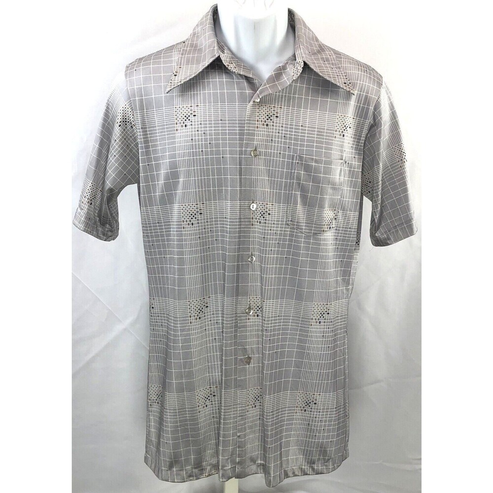 Vintage Chemise ButtonUp Shirt M Gray Geo Silky point collar Retro 70s Disco